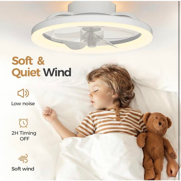 16’’ White Bladeless Ceiling Fan w/ Light & Remote, Flush Mount for Bedroom - Picture 6 of 9